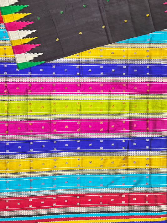 Black Double Pallu Handloom Berhampuri Pure Silk Patta Saree