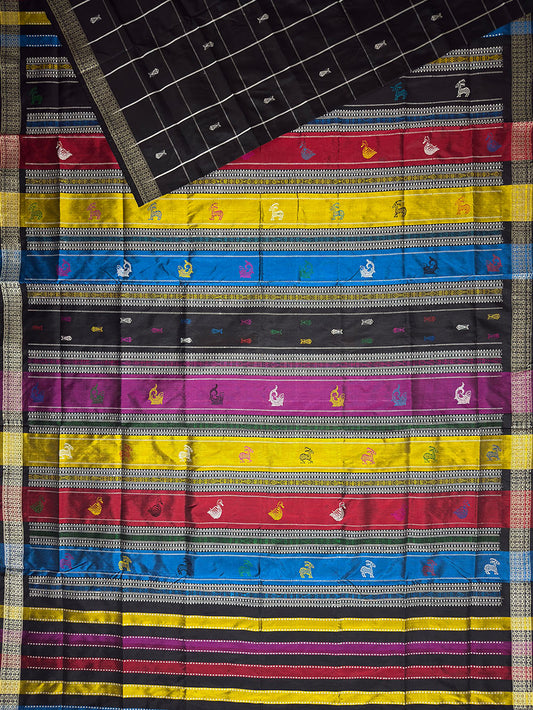 Black Double Pallu Handloom Berhampuri Pure Silk Patta Saree with Animal Motifs