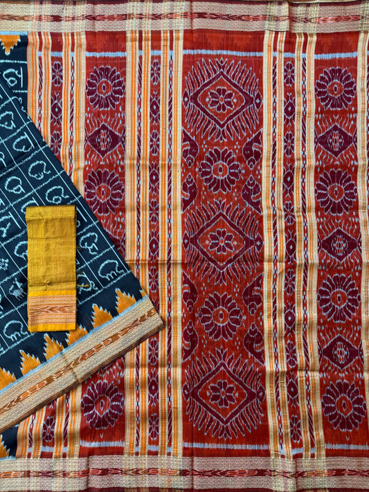 Black Odia Varnamala Pure Silk Handloom Khandua Patta Saree