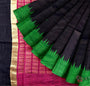Black Pure Raw Silk Handloom Saree with Green and Pink Border