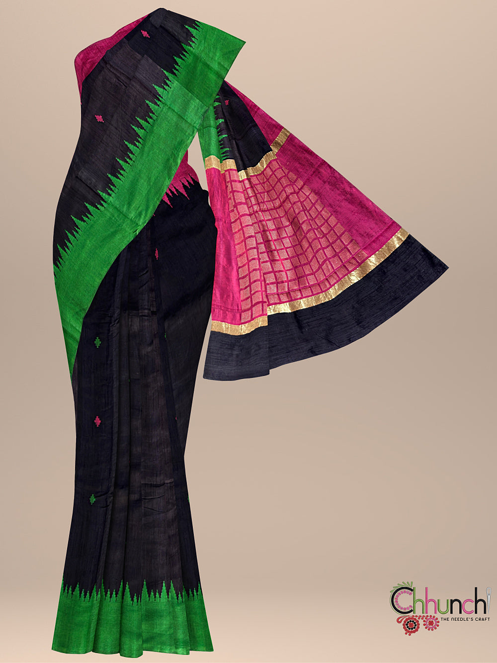 Black Pure Raw Silk Handloom Saree with Green and Pink Border