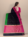 Black Pure Raw Silk Handloom Saree with Green and Pink Border