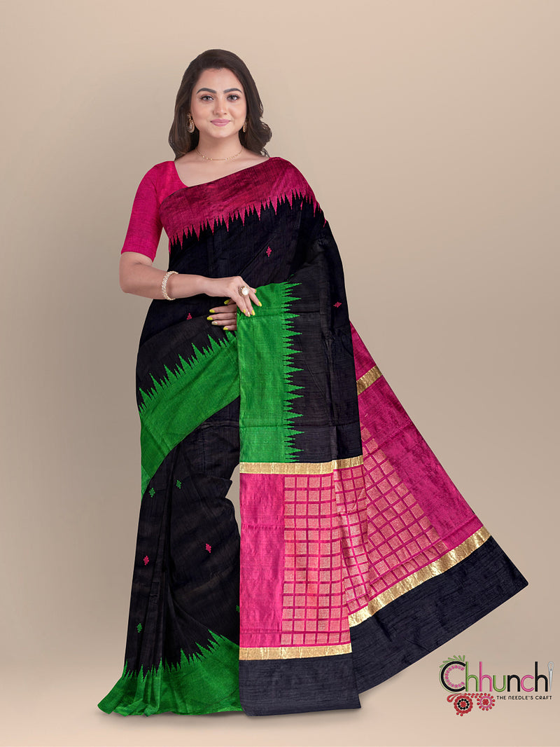 Black Pure Raw Silk Handloom Saree with Green and Pink Border