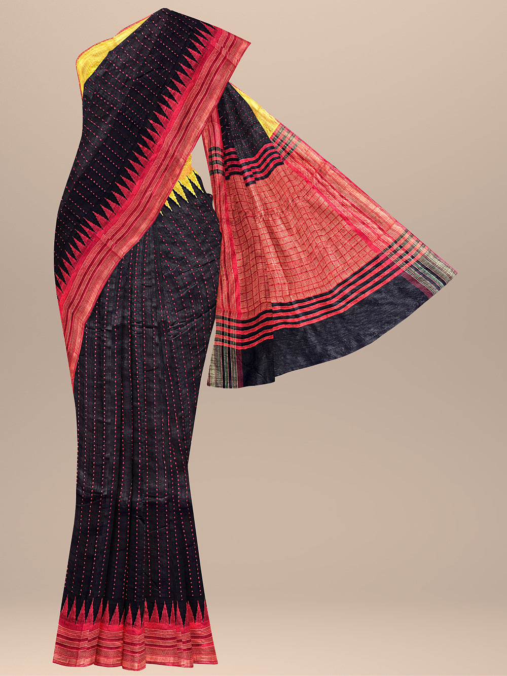 Black Pure Raw Silk Handloom Saree with Yellow and Red Border
