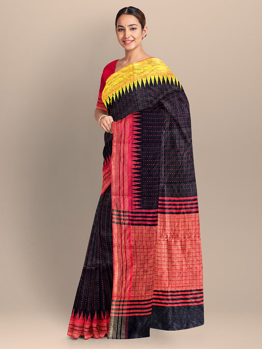 Black Pure Raw Silk Handloom Saree with Yellow and Red Border