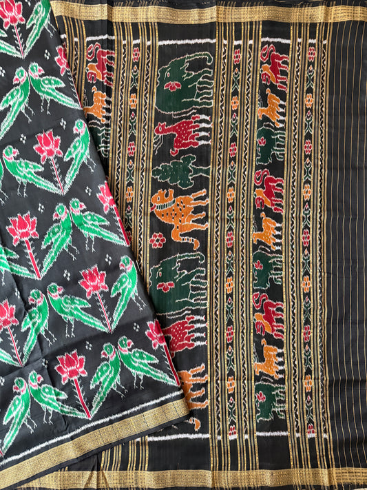 Black Pure Silk Handloom Khandua Patta Saree with Parrot and Lotus Motifs