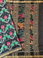 Black Pure Silk Handloom Khandua Patta Saree with Parrot and Lotus Motifs