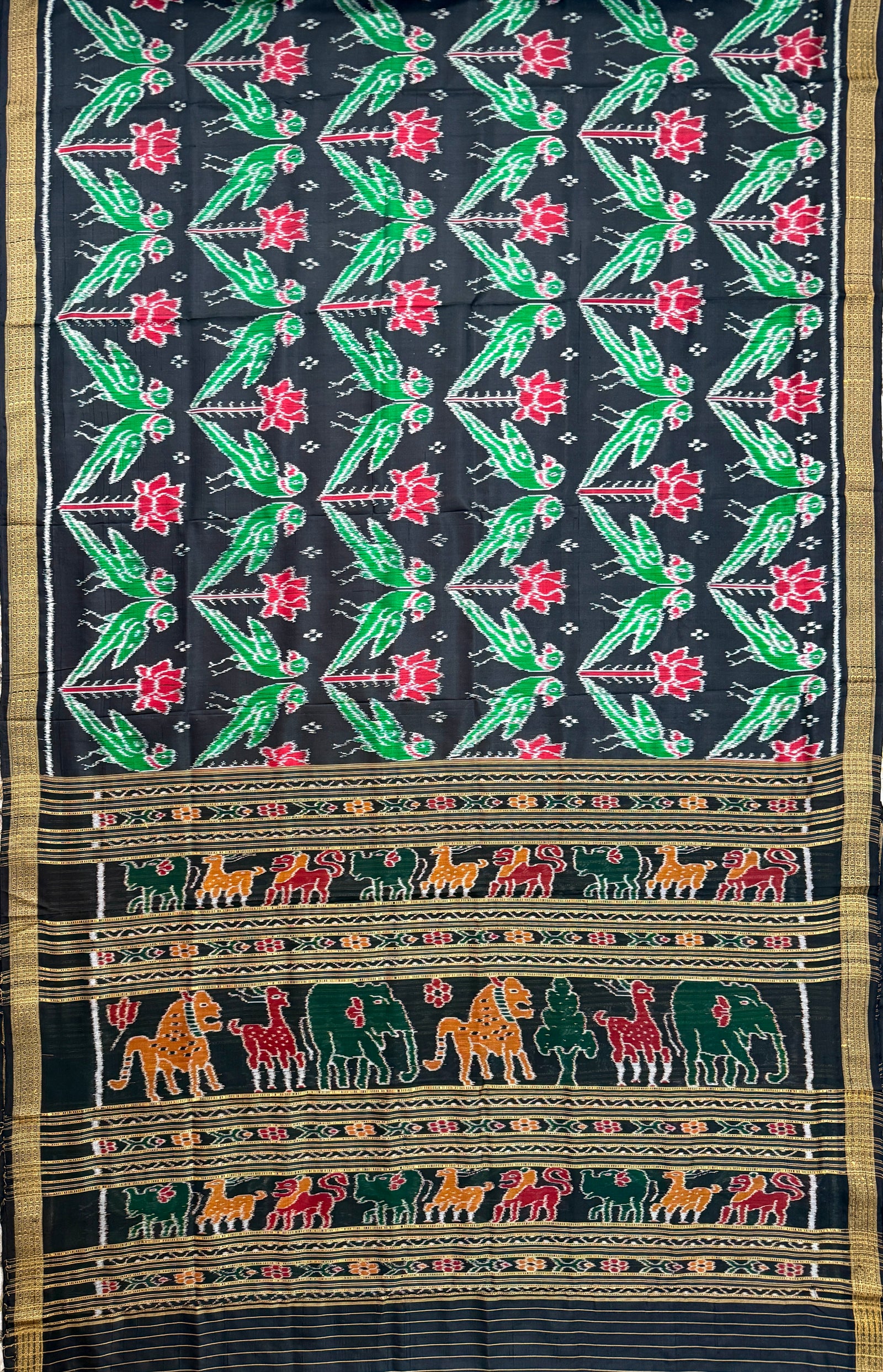 Black Pure Silk Handloom Khandua Patta Saree with Parrot and Lotus Motifs