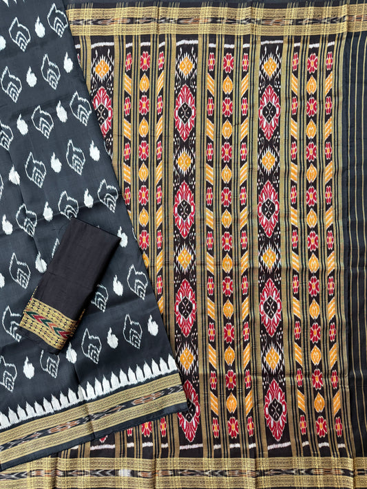Black Pure Silk Handloom Khandua Patta Saree with Sankha Pattern