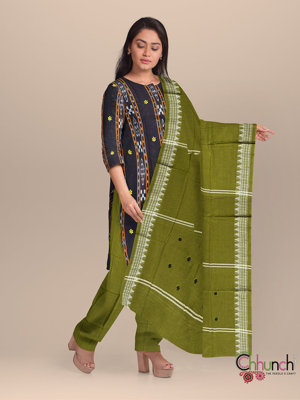 Black & Green Nuapatna Cotton Dress Material with Small buttas
