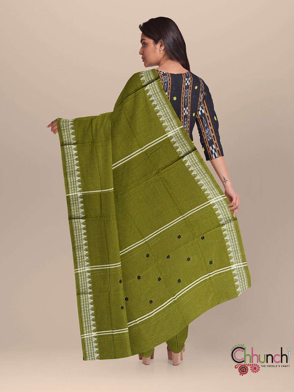 Black & Green Nuapatna Cotton Dress Material with Small buttas