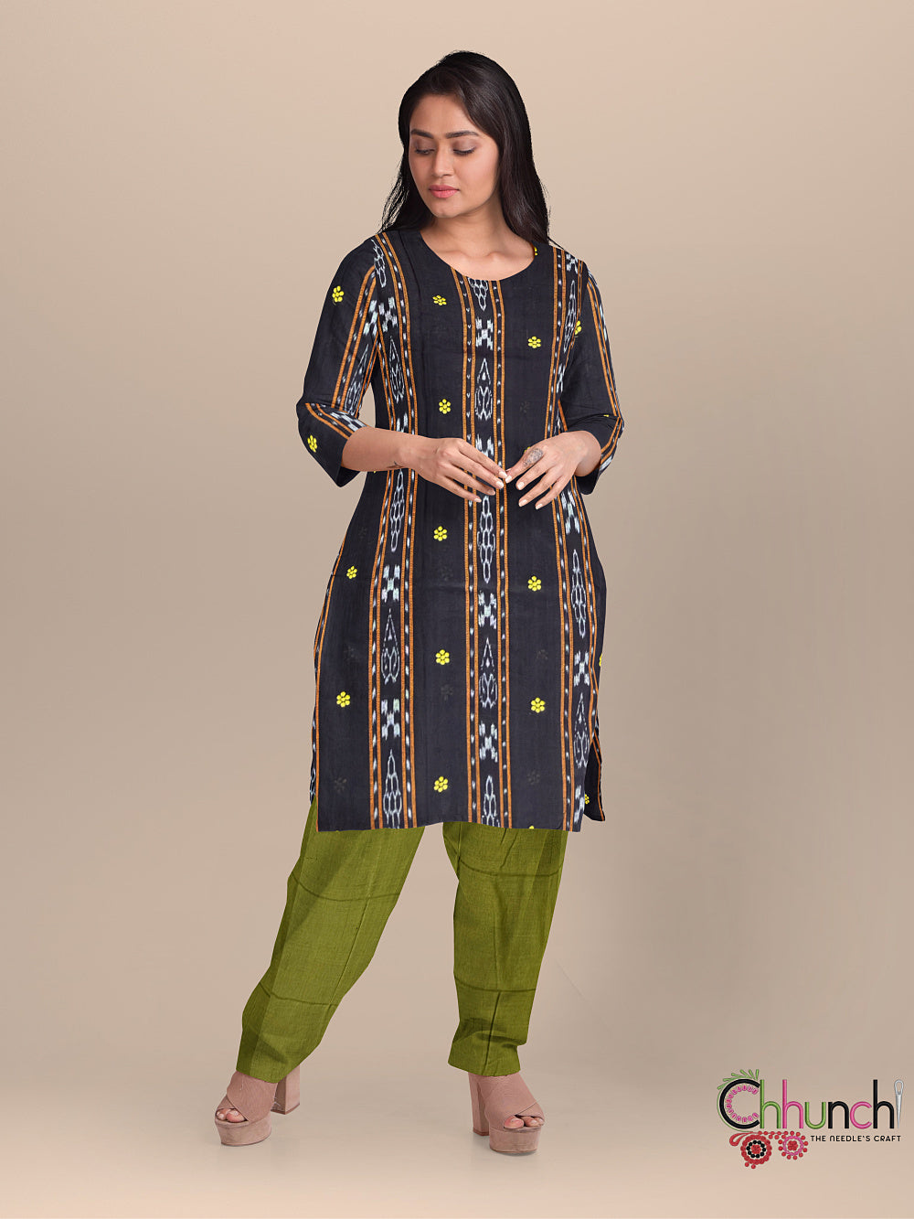 Black & Green Nuapatna Cotton Dress Material with Small buttas
