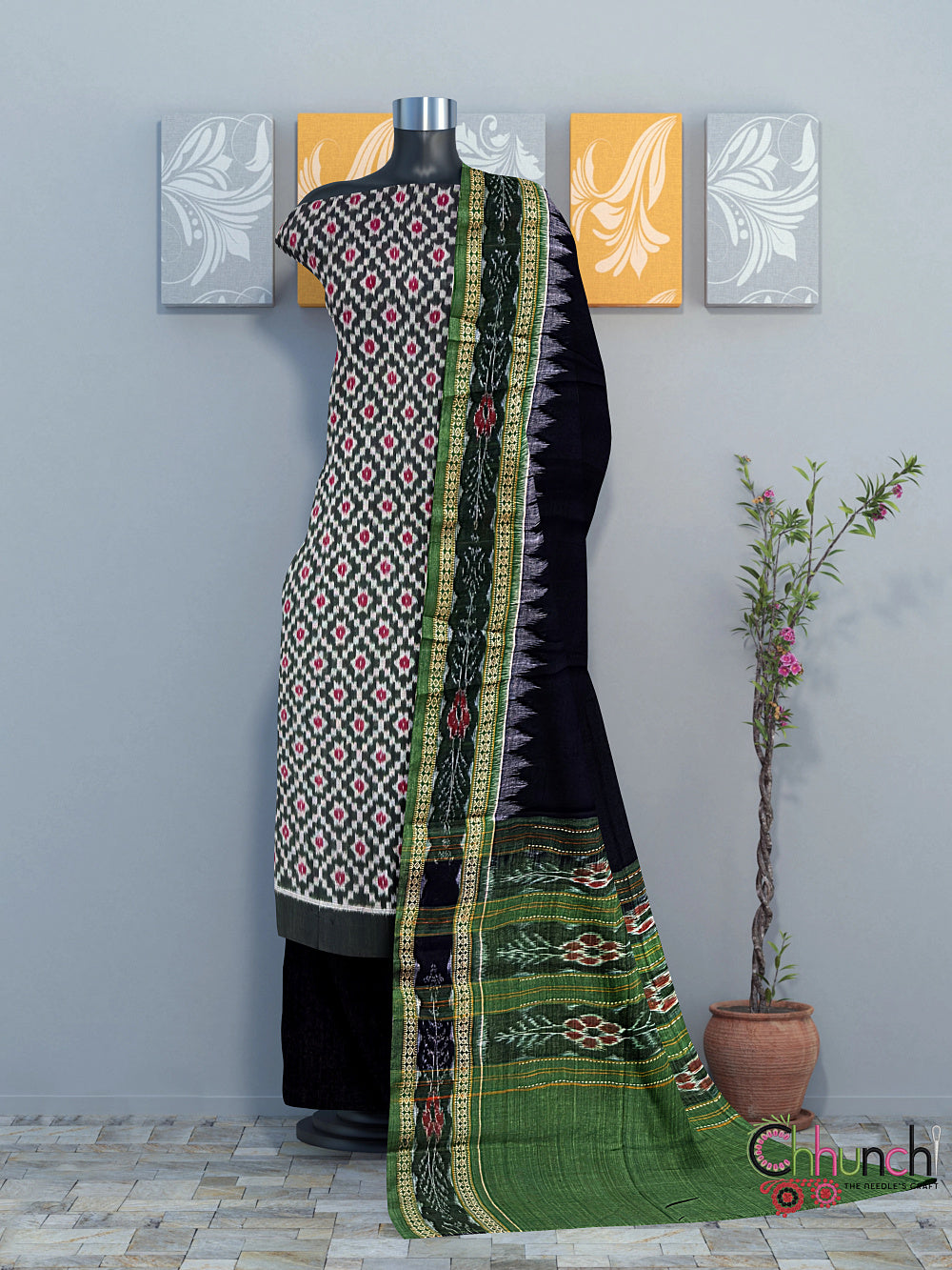 Black and Green Sambalpuri Cotton Dress Material