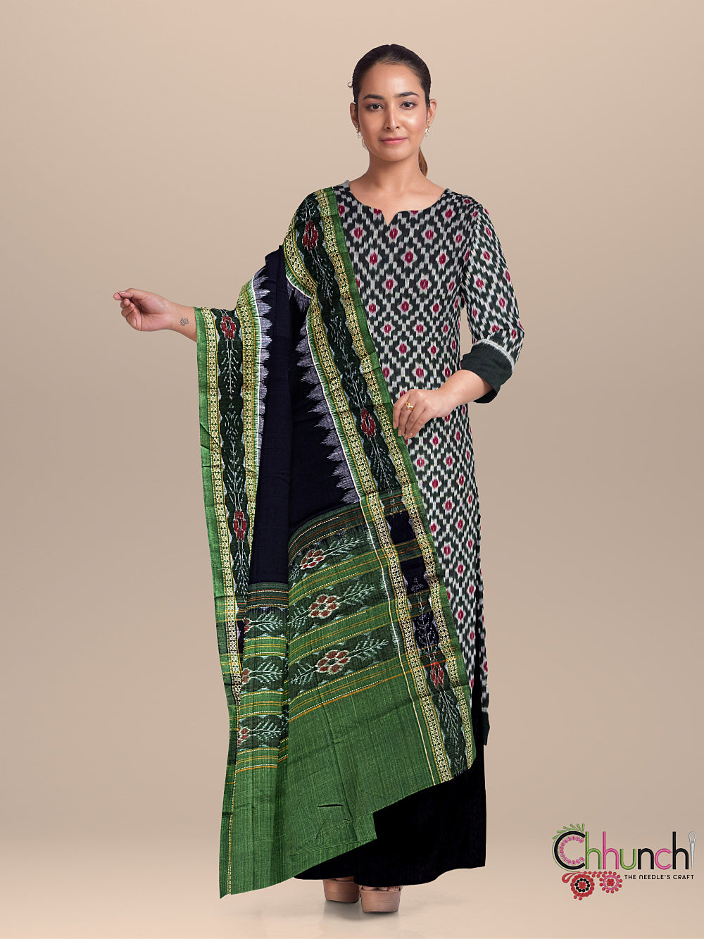 Black and Green Sambalpuri Cotton Dress Material