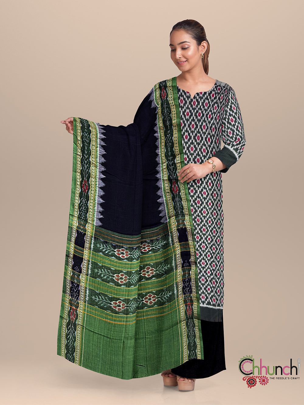 Black and Green Sambalpuri Cotton Dress Material