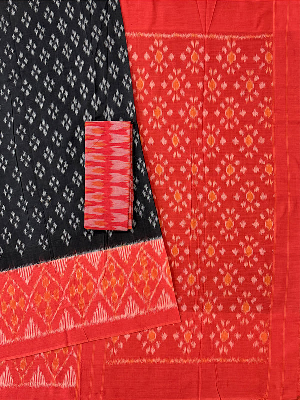 Black and Orange Pochampally Mercerised Cotton Handloom Saree in Ikkat Pattern