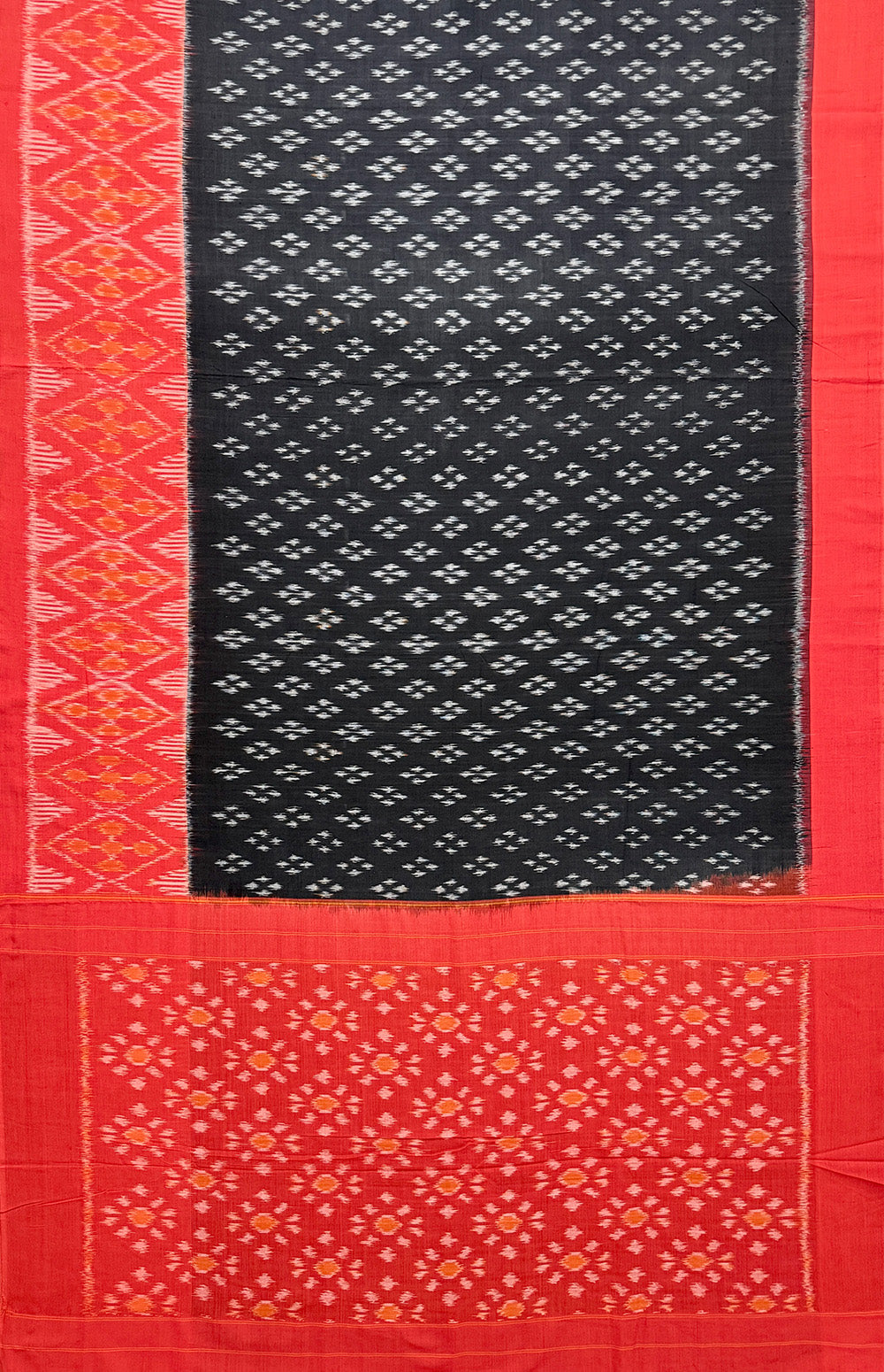 Black and Orange Pochampally Mercerised Cotton Handloom Saree in Ikkat Pattern