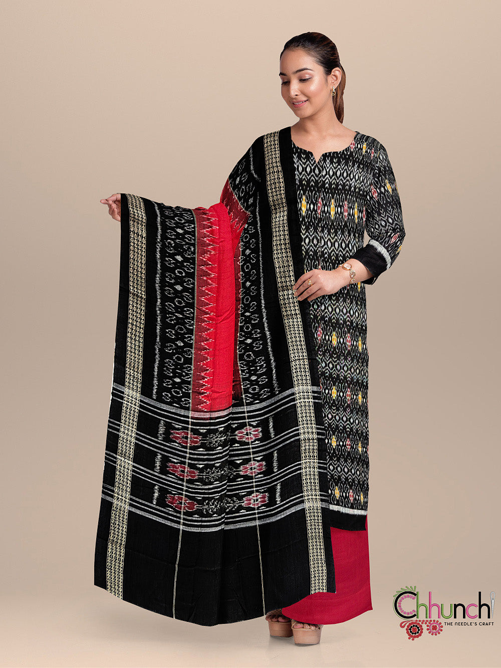Black and Red Sambalpuri Handloom Cotton Dress Material