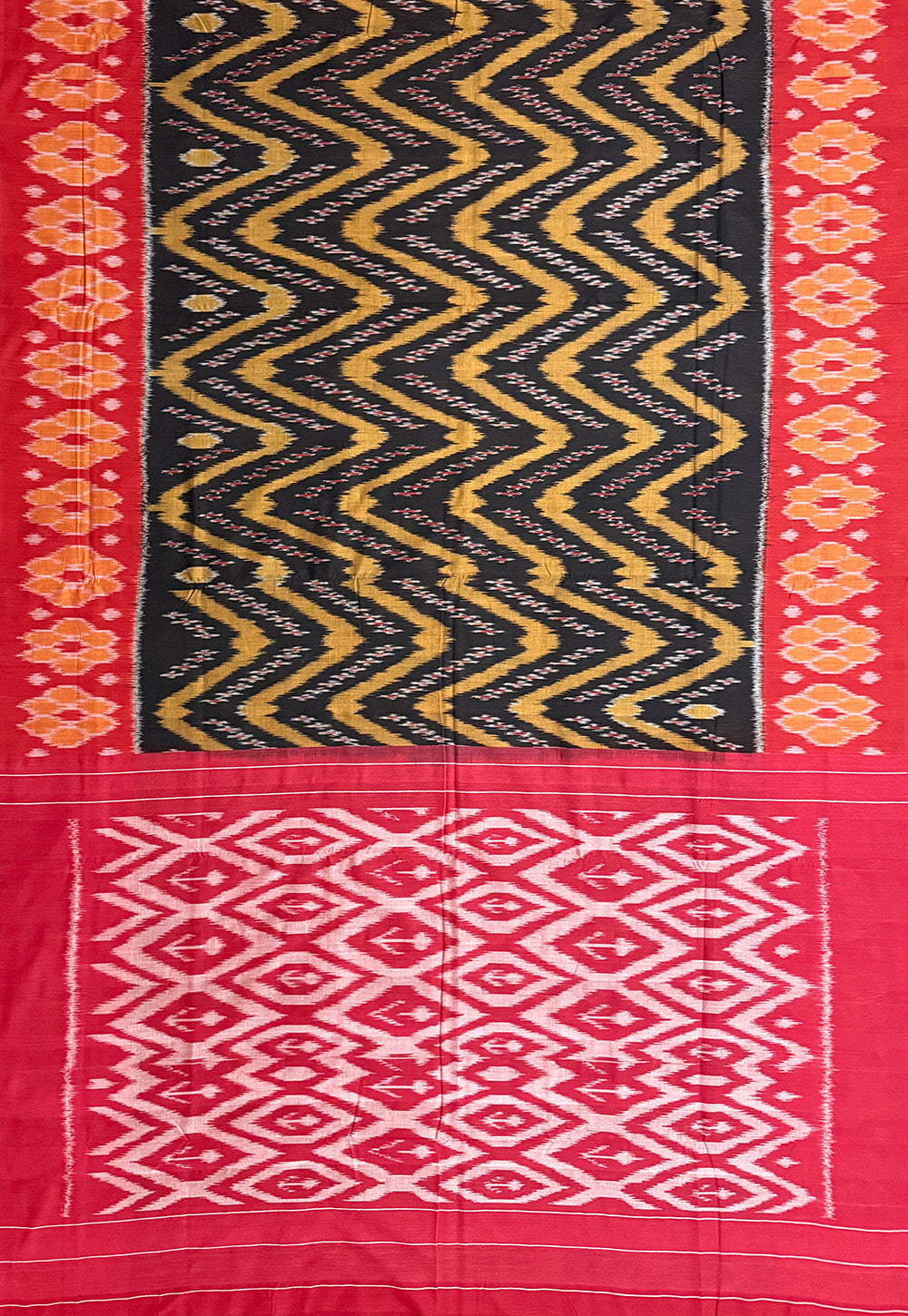 Black, Red and Golden Pochampally Mercerised Cotton Handloom Saree in Ikkat Pattern