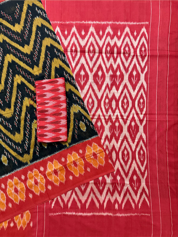 Black, Red and Golden Pochampally Mercerised Cotton Handloom Saree in Ikkat Pattern