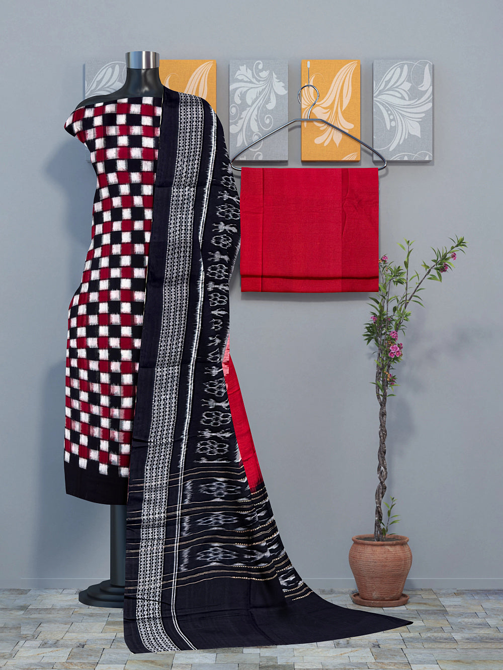 Black, Red and White Square Pattern Sambalpuri Handloom Cotton Dress Material