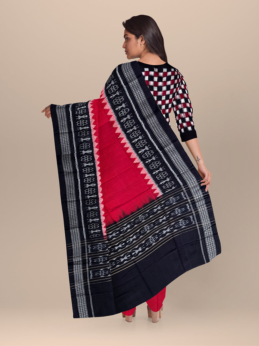 Black, Red and White Square Pattern Sambalpuri Handloom Cotton Dress Material
