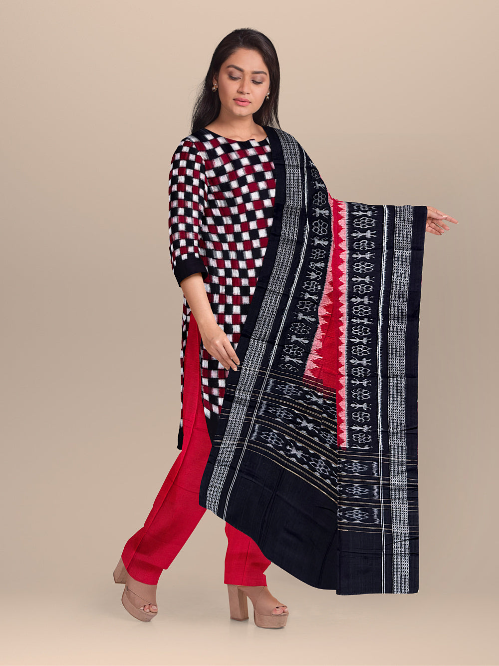 Black, Red and White Square Pattern Sambalpuri Handloom Cotton Dress Material