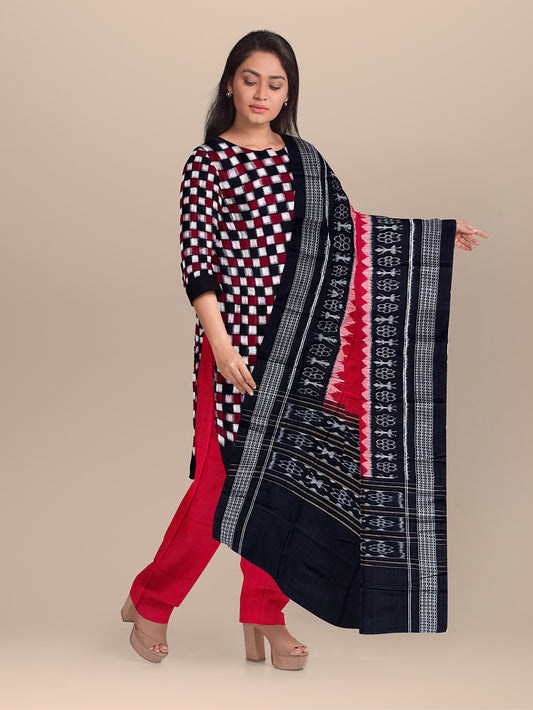 Black, Red and White Square Pattern Sambalpuri Handloom Cotton Dress Material