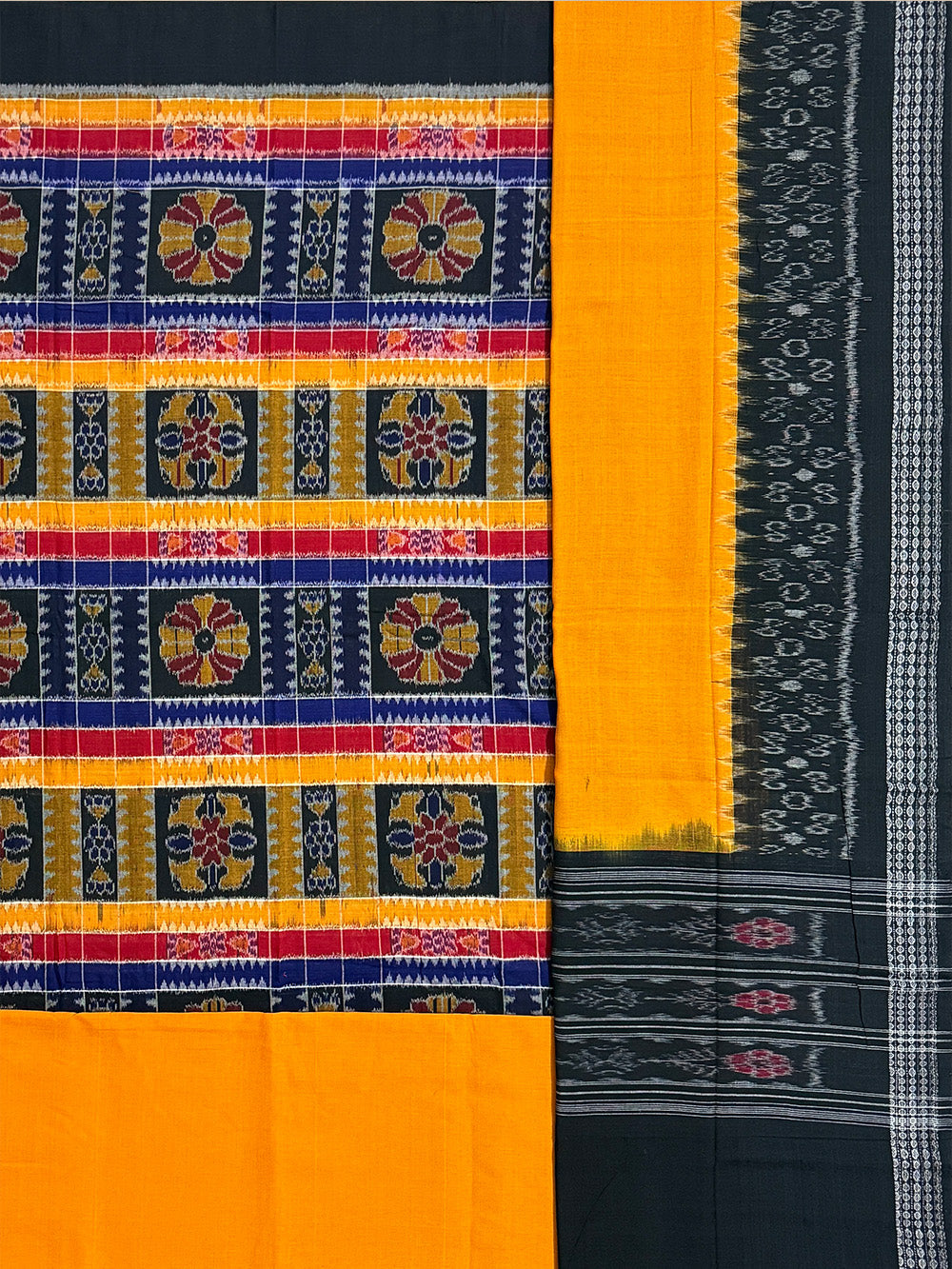 Black, Yellow and Red Sambalpuri Handloom Cotton Dress Material in Utkal Laxmi Pattern
