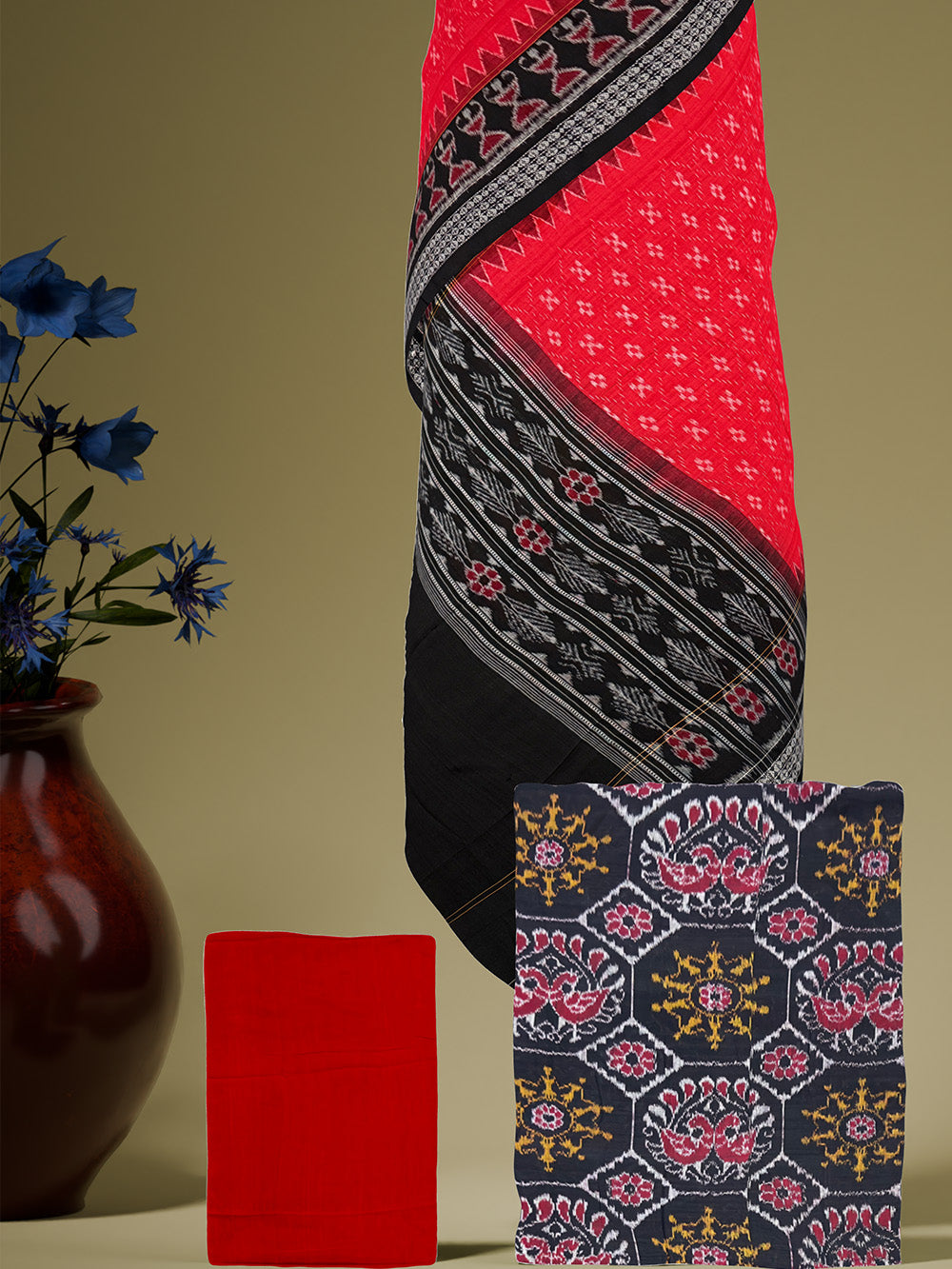 Black, yellow and Red Tribal Motifs Sambalpuri Handloom Cotton Dress Material