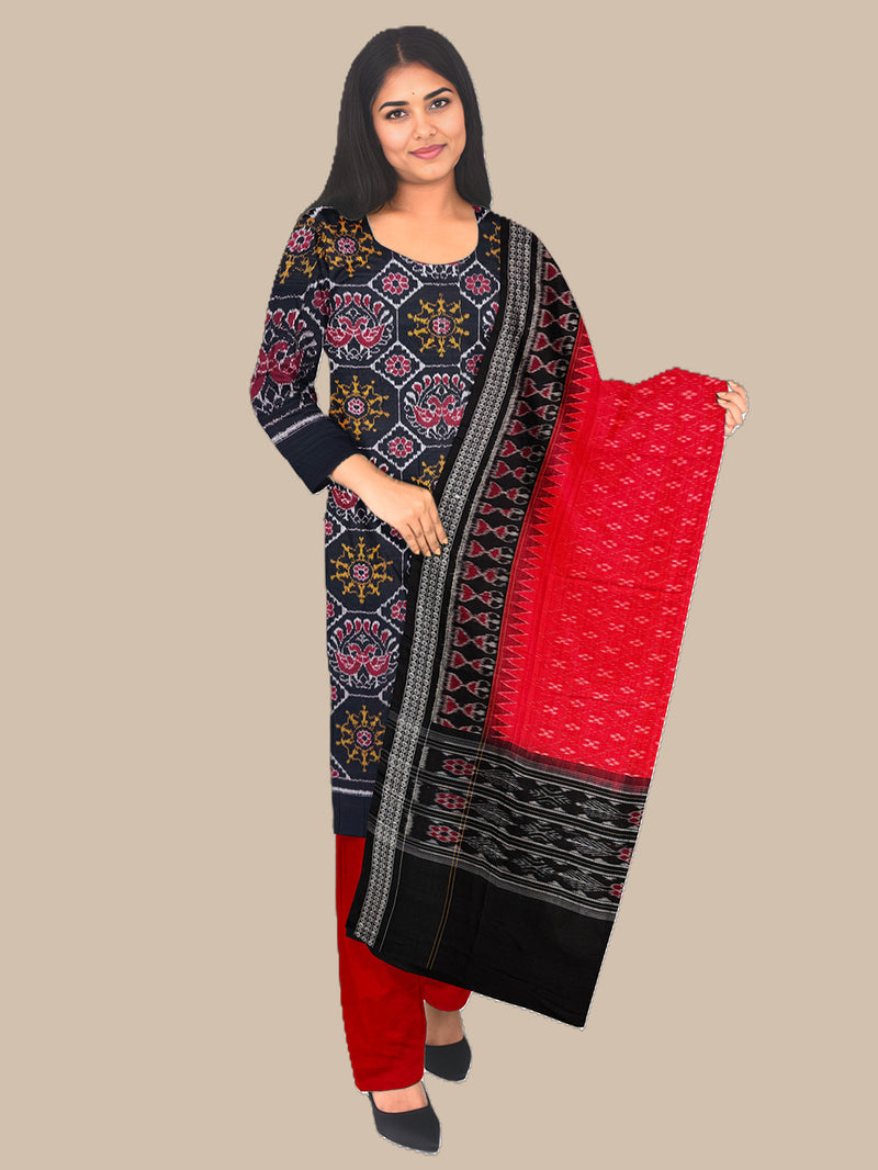 Black, Yellow and Red Tribal Motifs Sambalpuri Handloom Cotton Dress Material