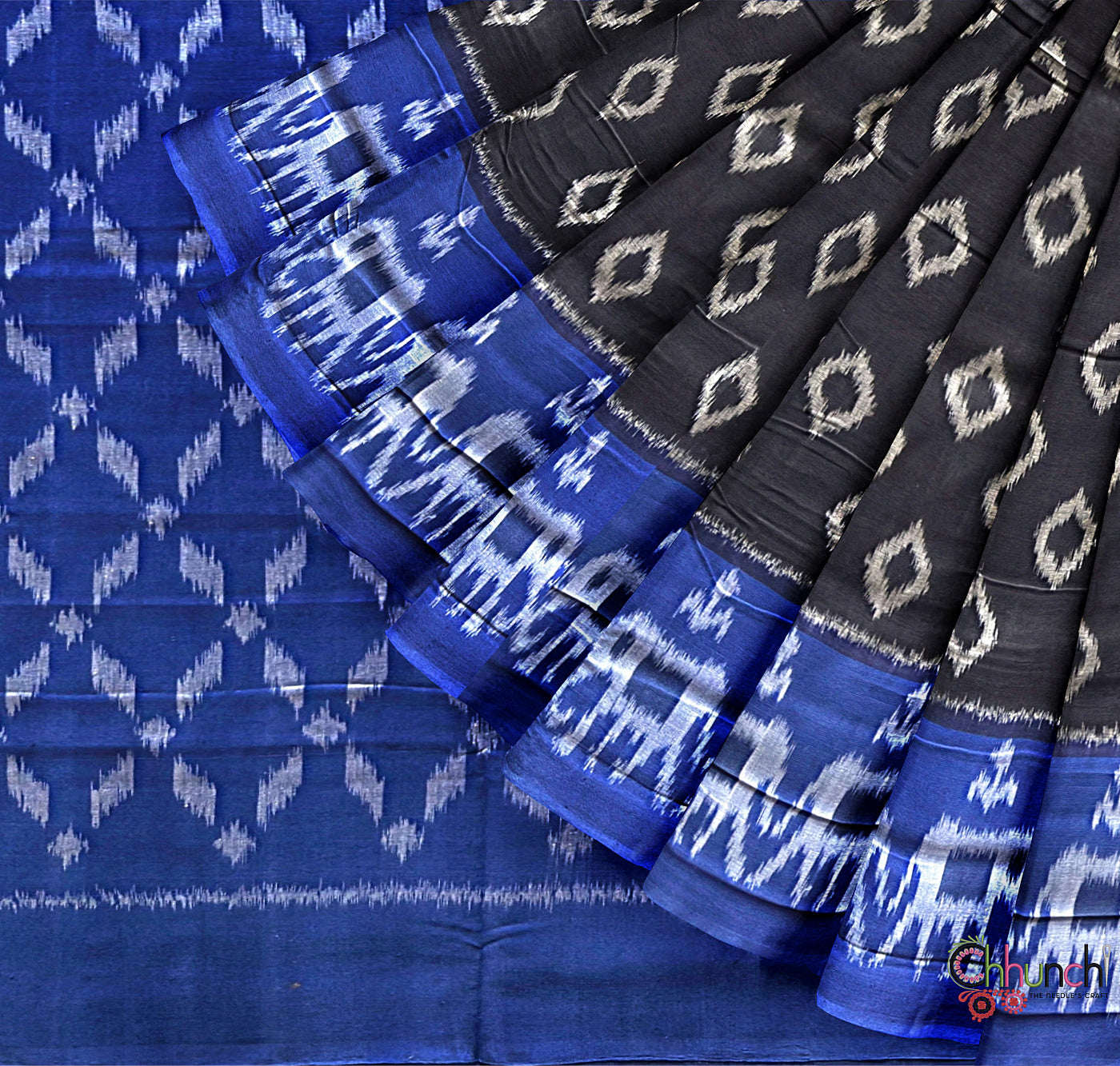 Black and Blue Pochampally Mercerised Cotton Handloom Saree in Ikkat Pattern