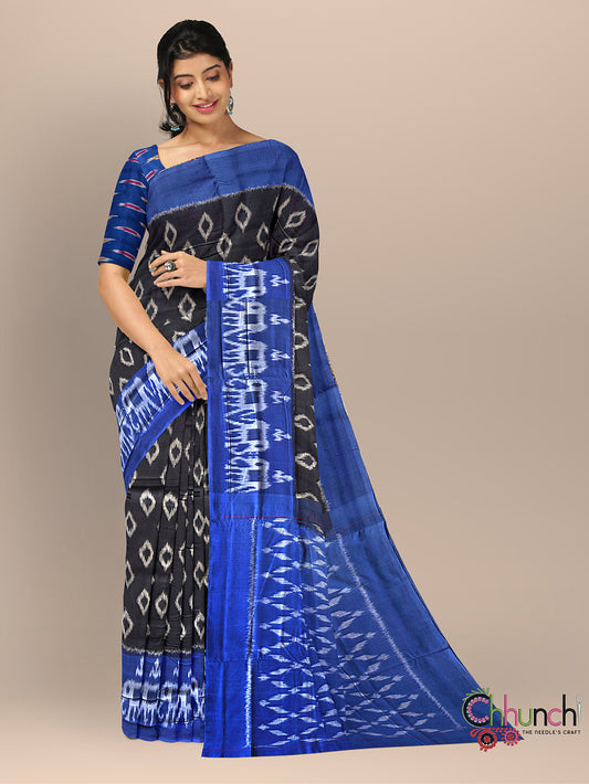 Black and Blue Pochampally Mercerised Cotton Handloom Saree in Ikkat Pattern