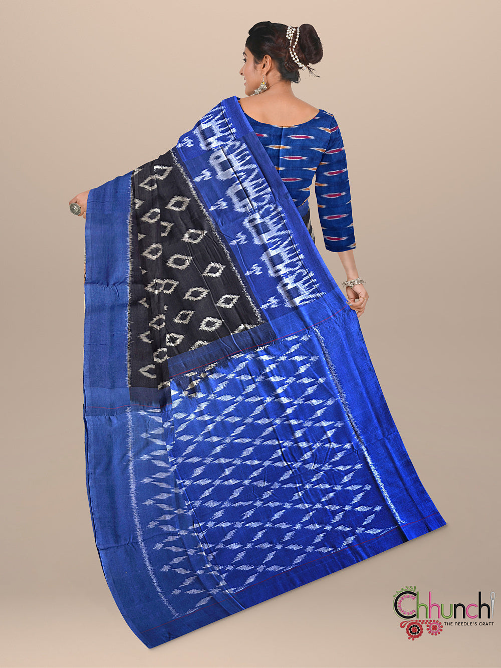 Black and Blue Pochampally Mercerised Cotton Handloom Saree in Ikkat Pattern
