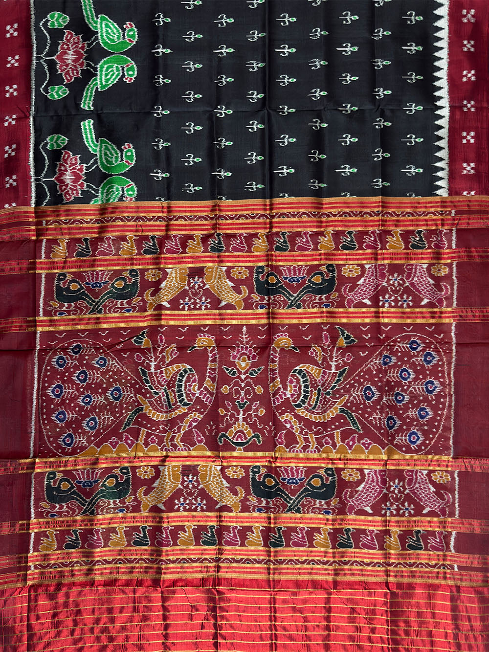 Black and Maroon Pure Silk Handloom Khandua Patta Saree with Parrot Motifs