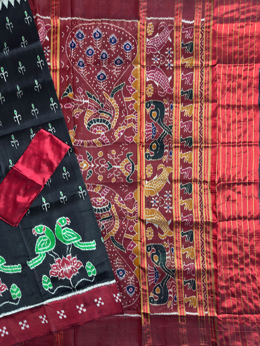 Black and Maroon Pure Silk Handloom Khandua Patta Saree with Parrot Motifs