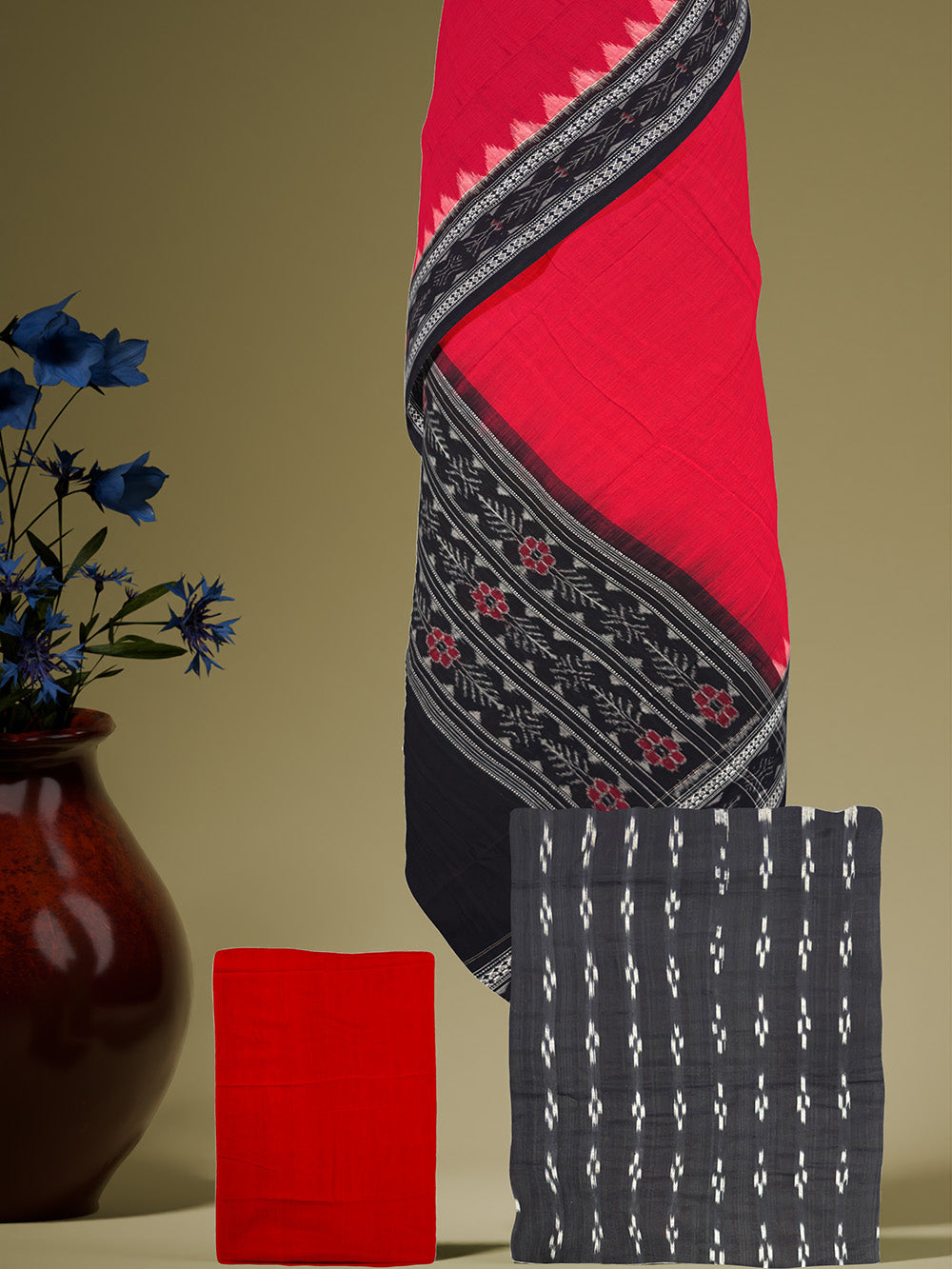 Black and Red Flower Motif Sambalpuri Handloom Cotton Dress Material