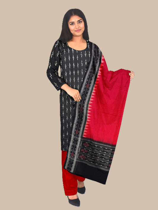 Black and Red Flower Motif Sambalpuri Handloom Cotton Dress Material