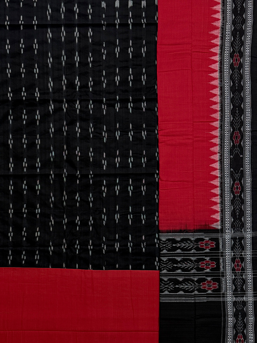 Black and Red Flower Motif Sambalpuri Handloom Cotton Dress Material