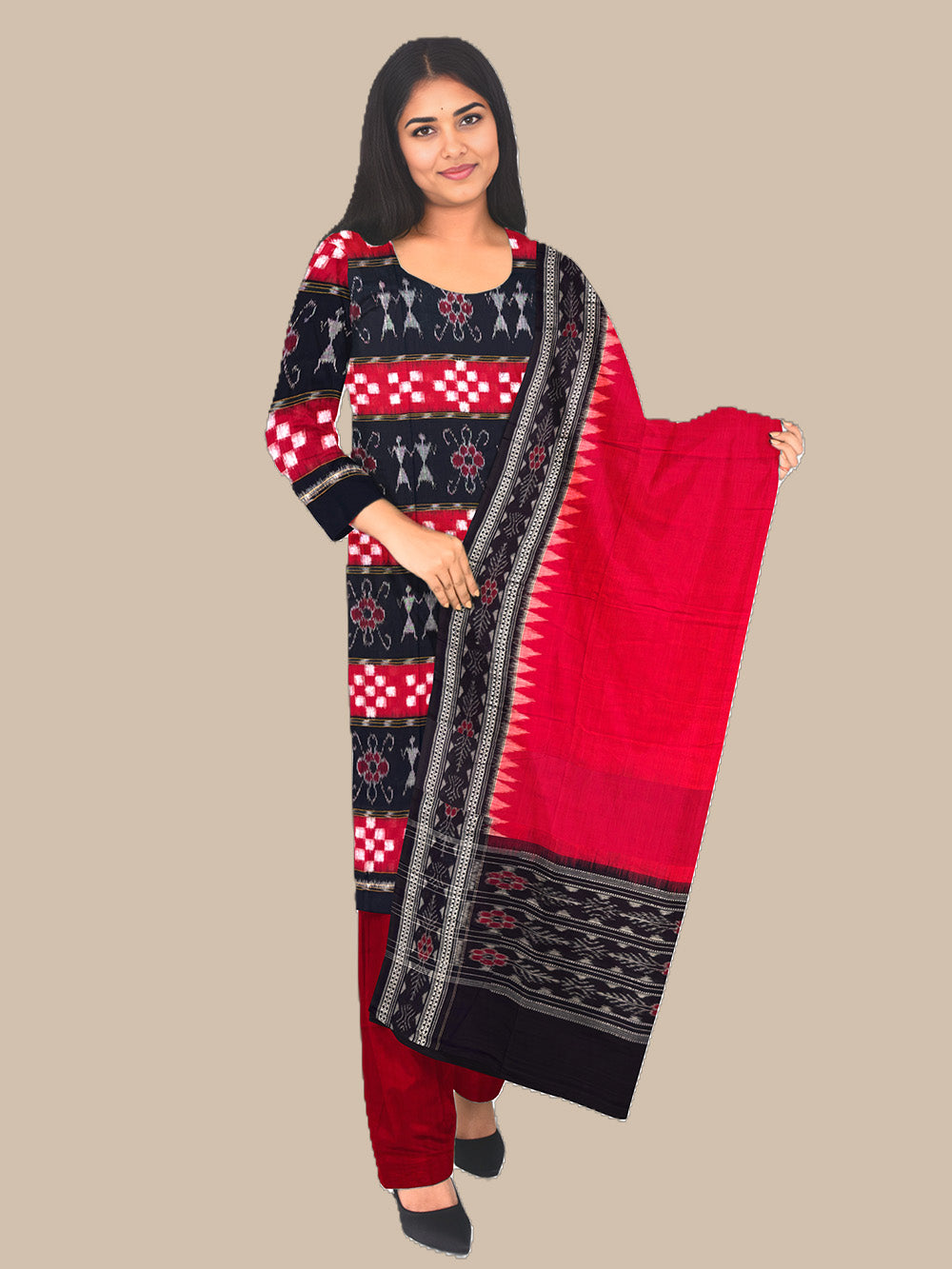 Black and Red Pasapalli Pattern Sambalpuri Handloom Cotton Dress Mater ...