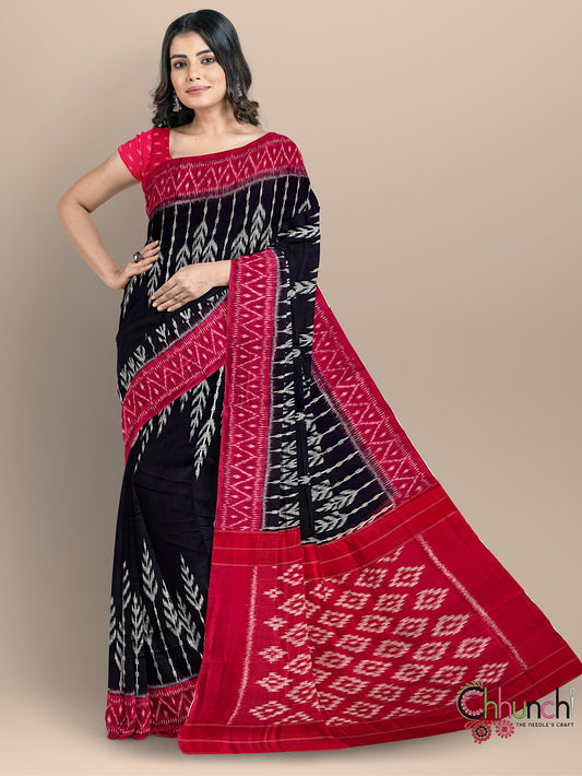 Black and Red Pochampally Mercerised Cotton Handloom Saree in Ikkat Pattern