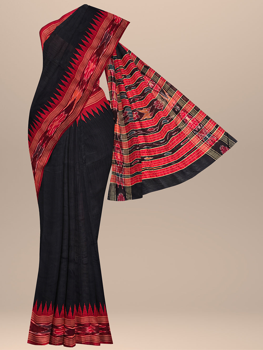 Black and Red Pure Raw Silk Handloom Saree with Ikkat Border