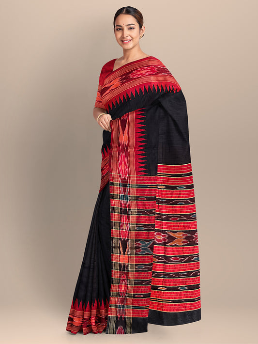 Black and Red Pure Raw Silk Handloom Saree with Ikkat Border