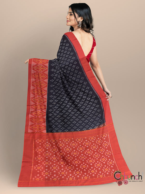 Black & Orange Pochampally Mercerised Cotton Handloom Saree in Ikkat Pattern