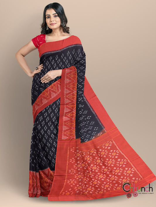 Black & Orange Pochampally Mercerised Cotton Handloom Saree in Ikkat Pattern
