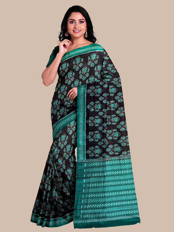 Black and Teal Green Handloom Cotton Sambalpuri Saree