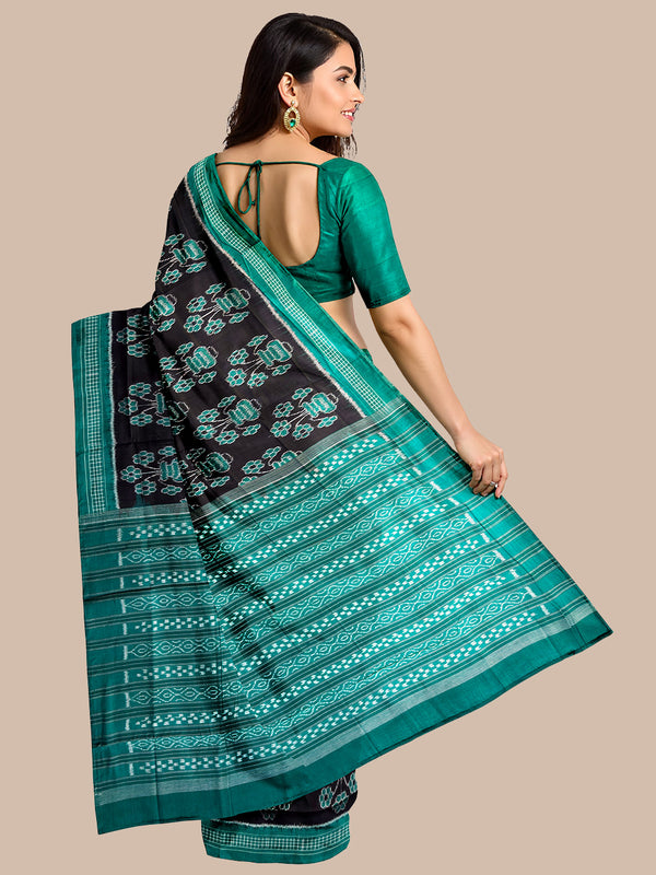 Black and Teal Green Handloom Cotton Sambalpuri Saree
