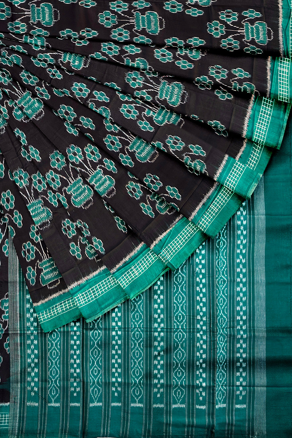 Black and Teal Green Handloom Cotton Sambalpuri Saree