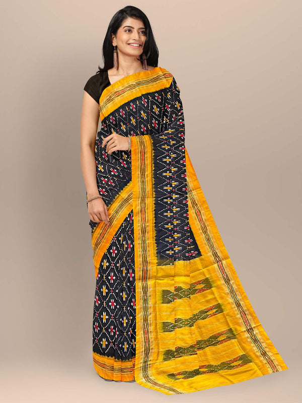 Black and Yellow Pochampally Pure Silk Handloom Saree in Ikkat Pattern