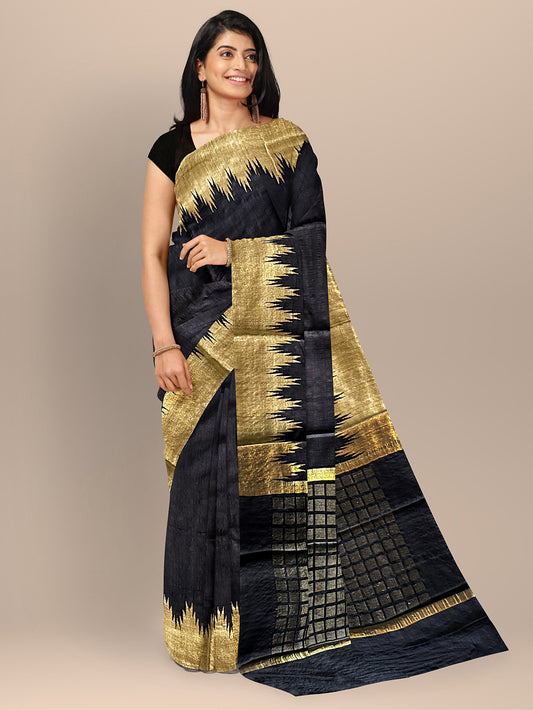 Black Raw Silk Handloom Saree With Golden Temple Design Border